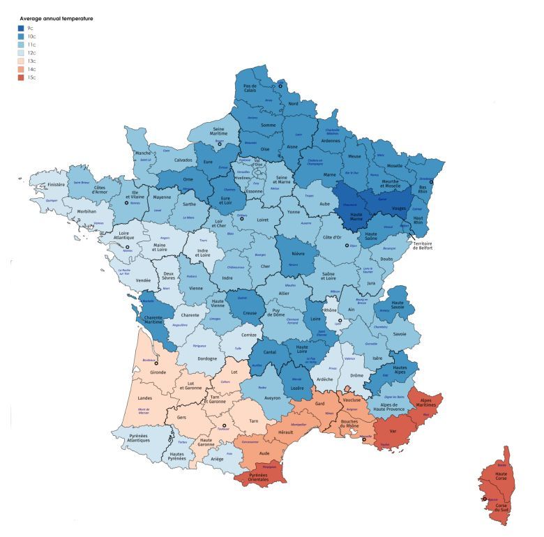 Średnia roczna temperatura w departamentach Francji