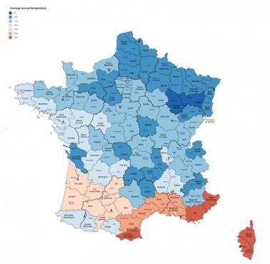 Średnia roczna temperatura w departamentach Francji