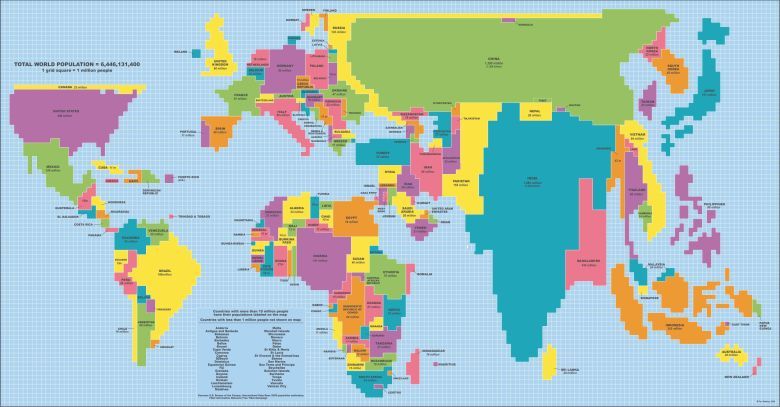 Mapa świata dostosowana do populacji: 1 kwadrat siatki na 1 000 000 osób