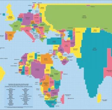 Mapa świata dostosowana do populacji: 1 kwadrat siatki na 1 000 000 osób