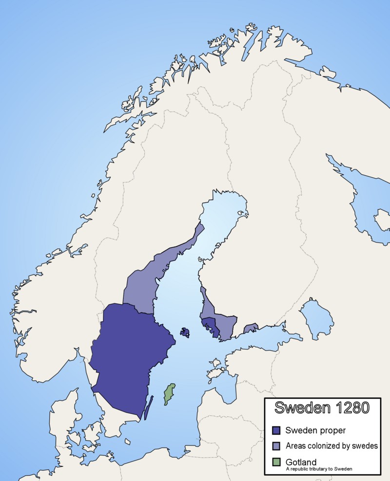 Przybliżona mapa zasięgu szwedzkiego panowania, ok. 1280 r.