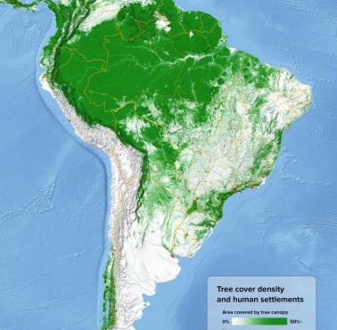 Gęstość pokrycia drzew i osiedli ludzkich w Ameryce Południowej 