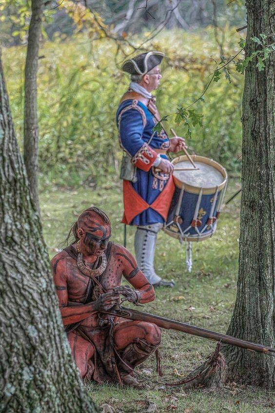 Indianin i francuski żołnierz przeciwko wojskom brytyjskim, połowa XVIII wieku