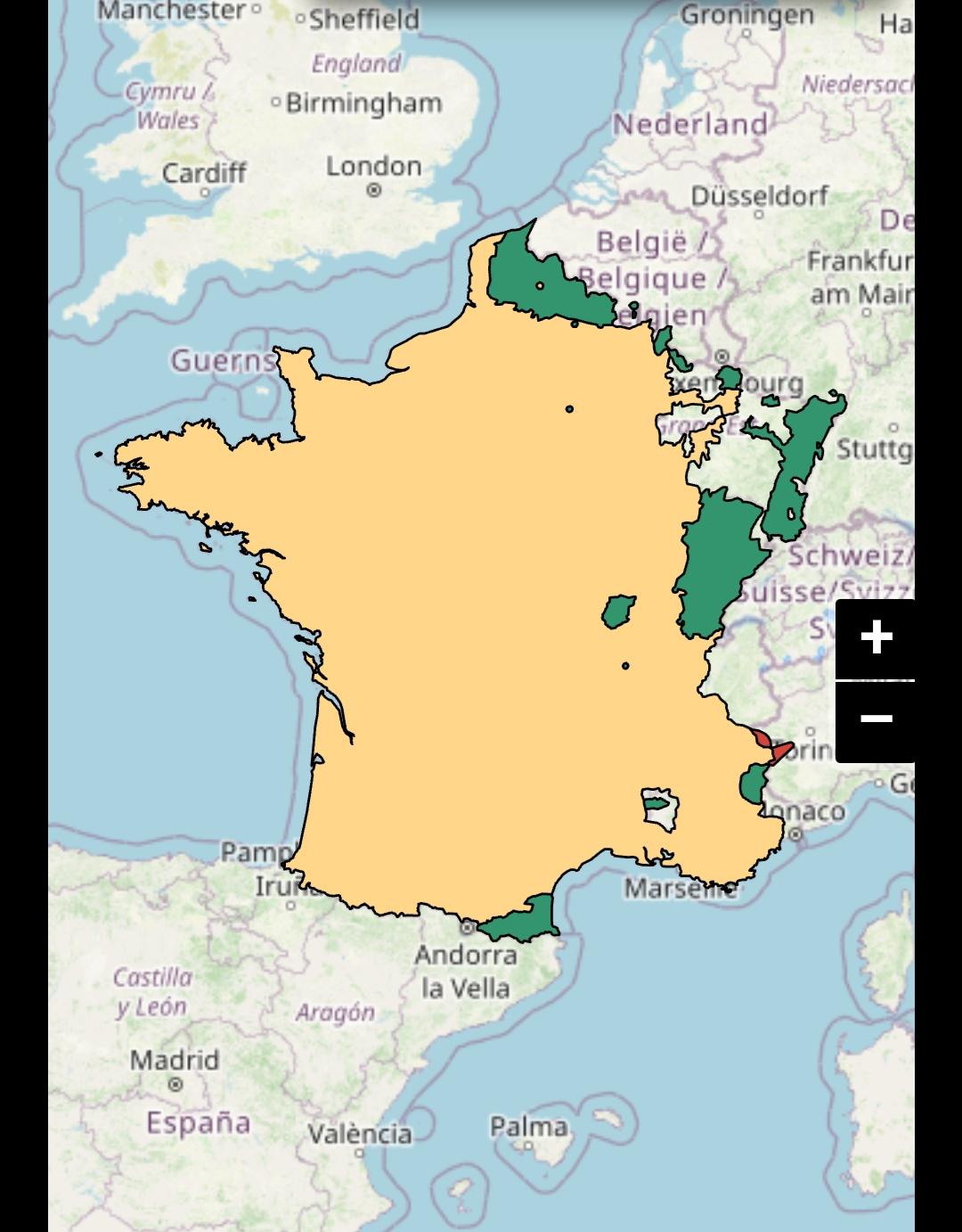 Mapa Francji z naniesionymi kampaniami Ludwika XIV, 1667-1697 (zyski i straty terytorialne w Europie)