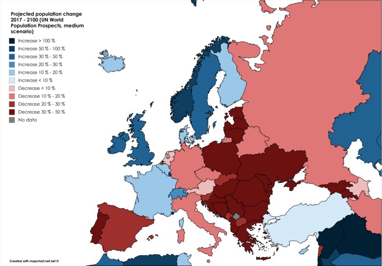 Przewidywana zmiana liczby ludności 2017 - 2100 w krajach europejskich