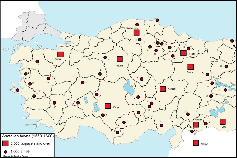 Populacja anatolijskich (Imperium Osmańskie) miast w latach 1550-1600