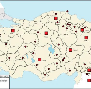 Populacja anatolijskich (Imperium Osmańskie) miast w latach 1550-1600