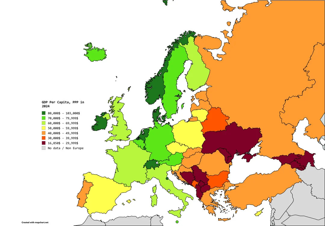 PKB per capita (według parytetu siły nabywczej, PPP) poszczególnych państw europejskich w 2024 roku