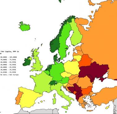 PKB per capita (według parytetu siły nabywczej, PPP) poszczególnych państw europejskich w 2024 roku