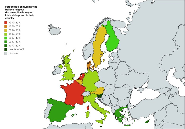 Odsetek europejskich muzułmanów, którzy wierzą, że dyskryminacja religijna jest szeroko rozpowszechniony w ich kraju
