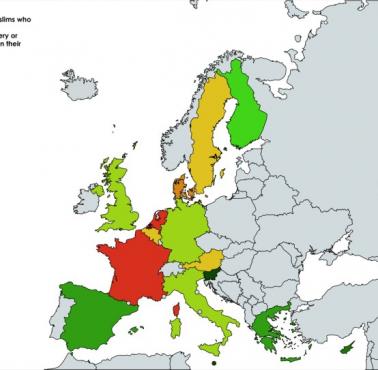 Odsetek europejskich muzułmanów, którzy wierzą, że dyskryminacja religijna jest szeroko rozpowszechniony w ich kraju