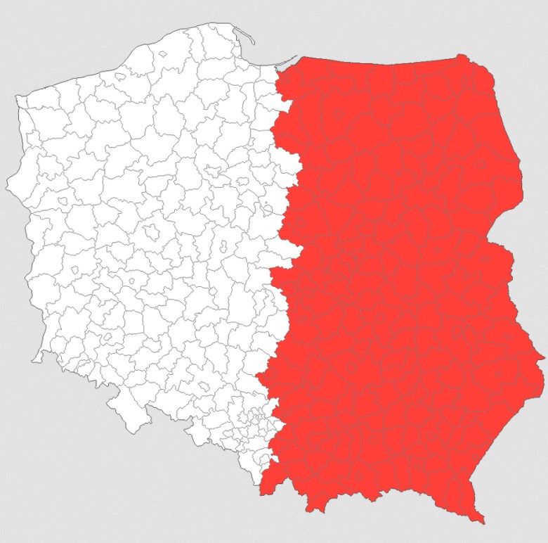 Polska podzielona na dwa obszary o równej populacji