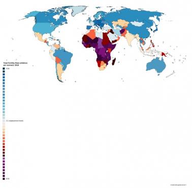 Wskaźnika płodności ogółem (TFR) w poszczególnych krajach świata, 2018