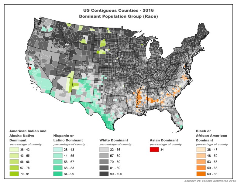 Rasowa mapa USA, 2016