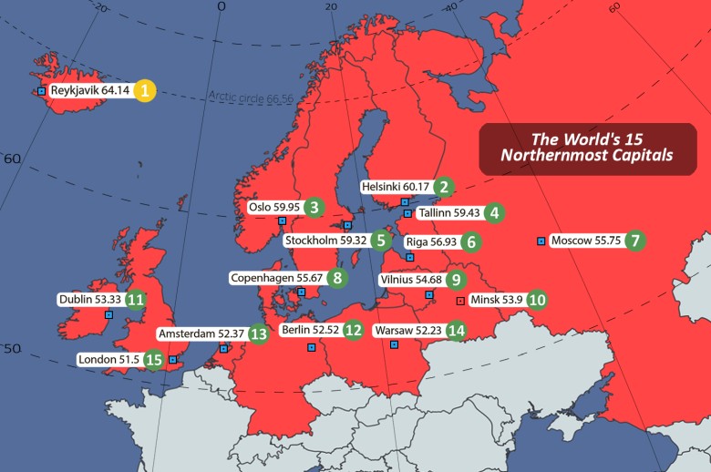 15 najbardziej wysuniętych na północ stolic świata znajduje się w Europie