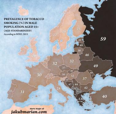 Częstość palenia tytoniu wśród mężczyzn (+15) w Europie, 2015