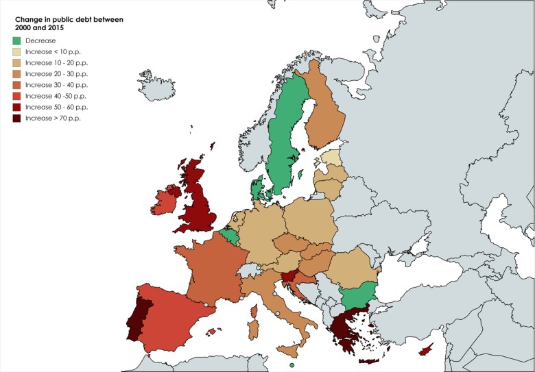 Zmiany w długu publicznym krajów UE 2000 - 2015