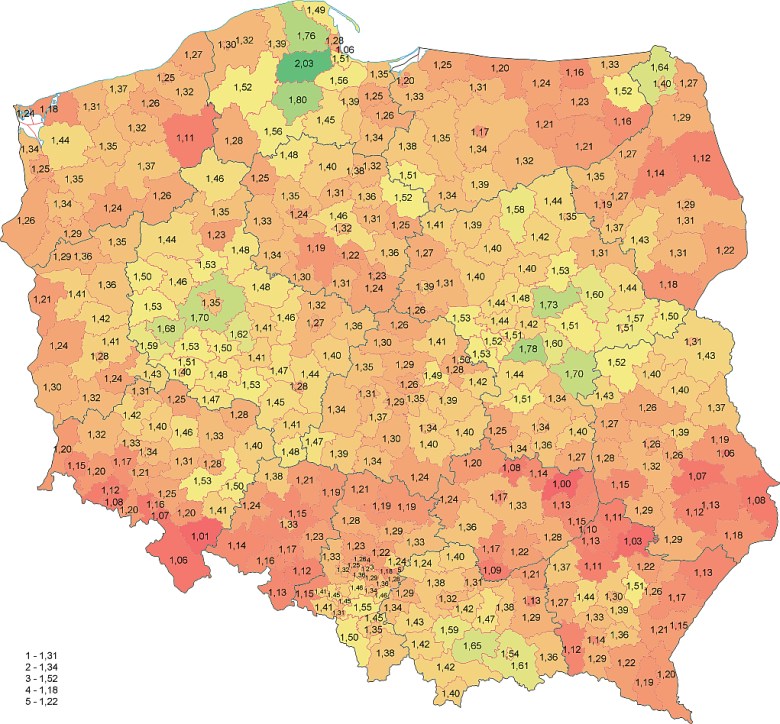 Wskaźnik płodności ogółem w Polsce według powiatów