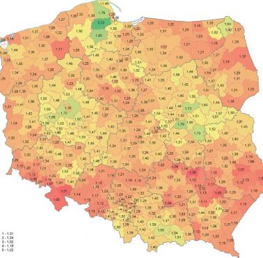 Wskaźnik płodności ogółem w Polsce według powiatów