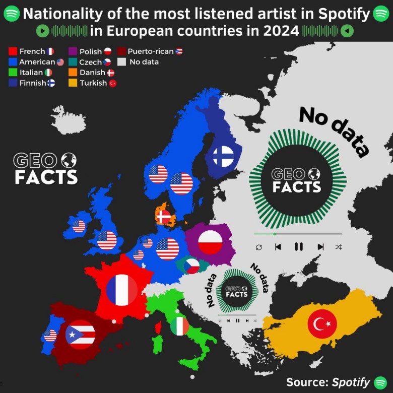 Narodowość najczęściej słuchanych artystów z krajów europejskich w Spotify w 2024 r.