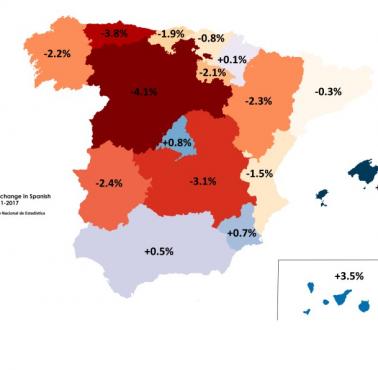 Zmiana liczby ludności w regionach Hiszpanii w latach 2011-2017