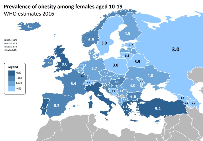 Występowanie otyłości wśród kobiet w wieku 10-19 lat w Europie, 2016