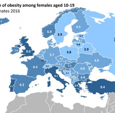 Występowanie otyłości wśród kobiet w wieku 10-19 lat w Europie