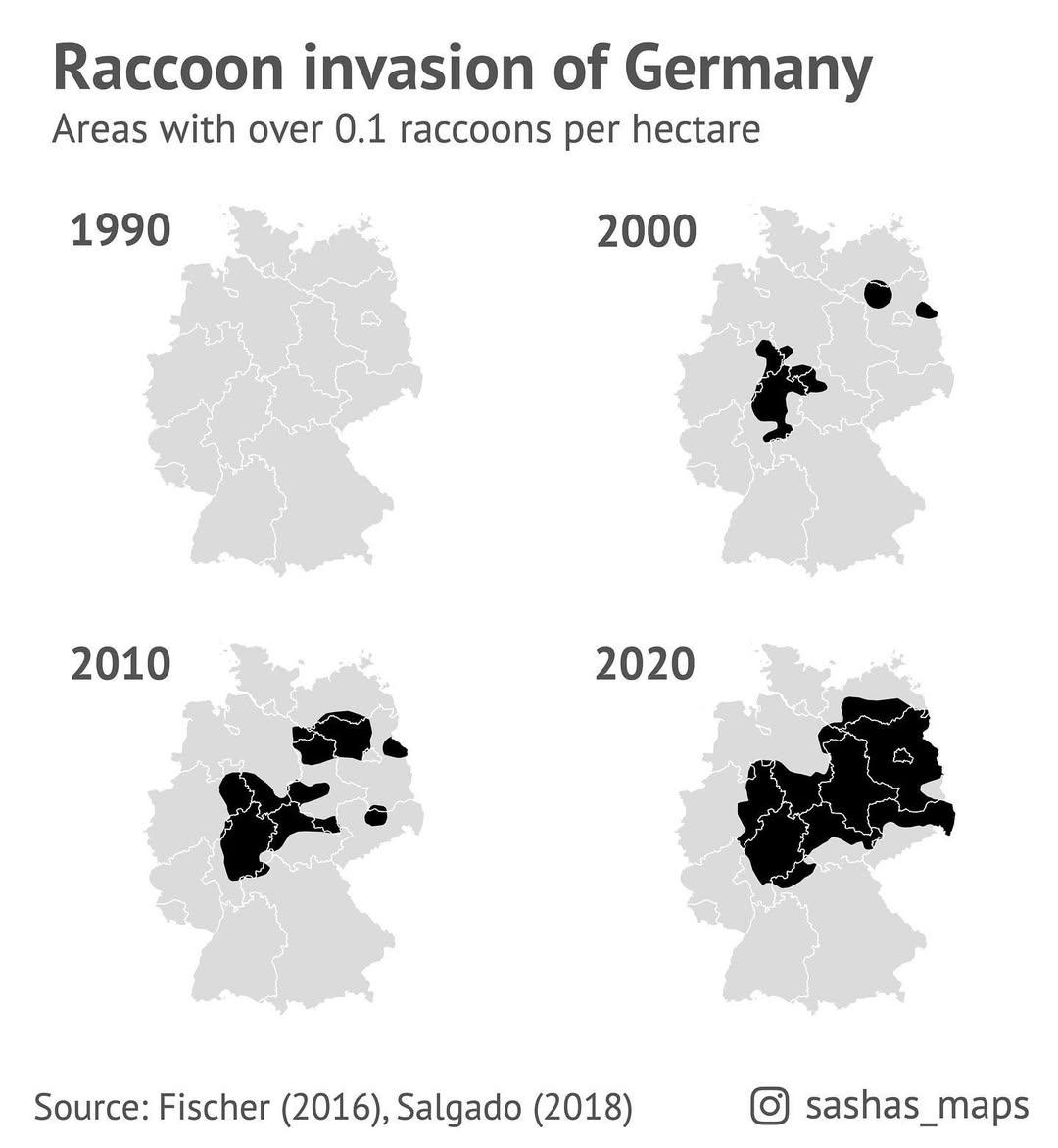 Zasięg występowania szopów na Niemcy, 1990, 2000, 2010, 2020