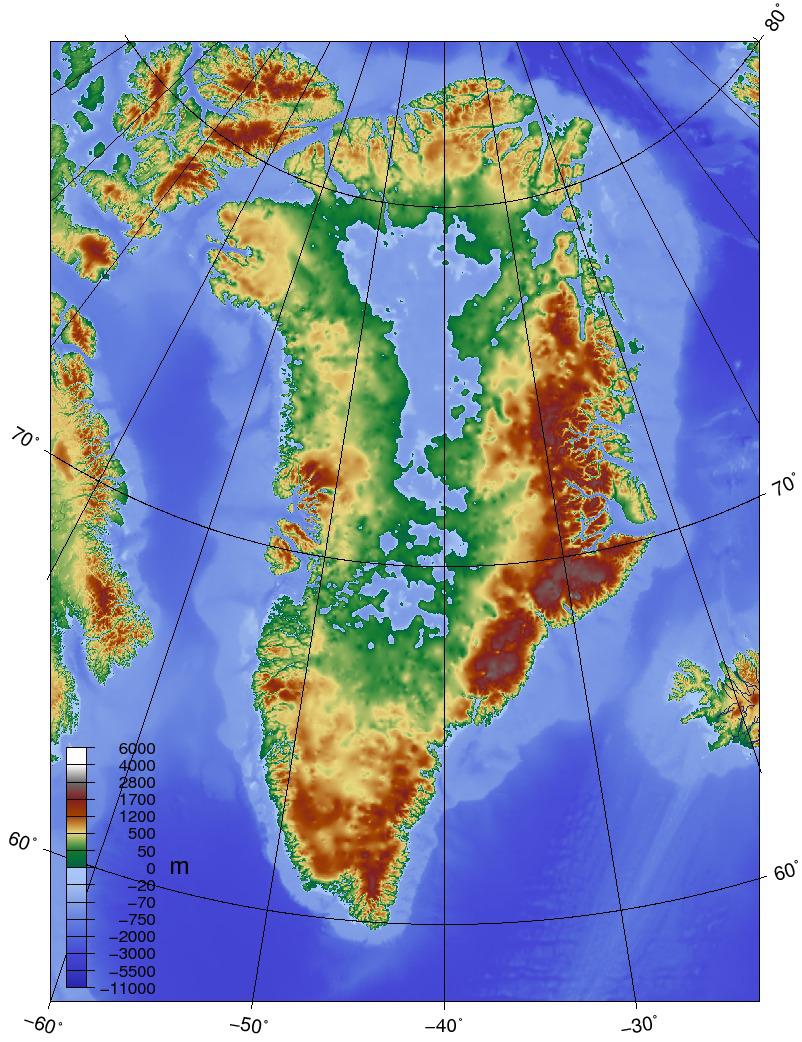 Mapa topograficzna Grenlandii bez lodu
