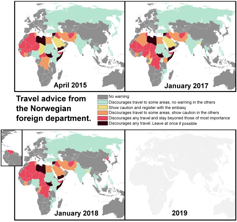 Zalecenia norweskiego rządu odnośnie podróży zagranicznych, 2015-2017