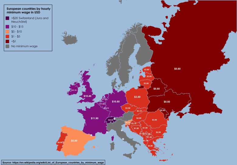 Kraje europejskie według minimalnej stawki godzinowej (w USD)