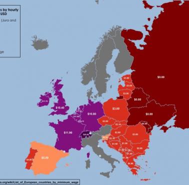 Kraje europejskie według minimalnej stawki godzinowej (w USD)