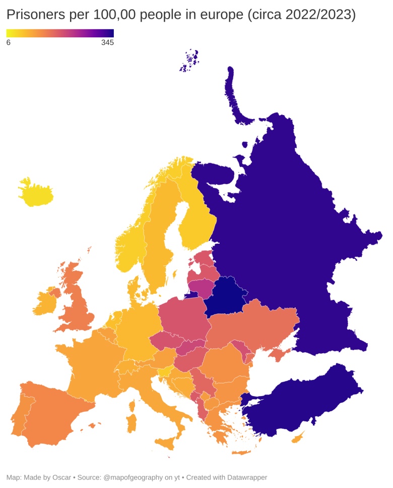 Liczba więźniów na 100 tys. mieszkańców w Europie, 2022-2023