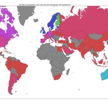 TOP500 (QS World University Rankings) najlepszych uczelni na świecie na 1 mln mieszkańców, dane 2021