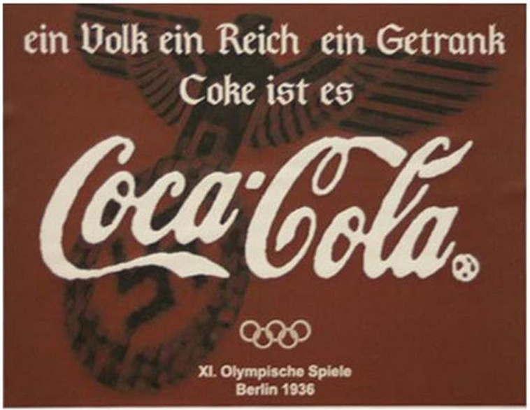Plakat Coca-Coli z Olimpiady w Berlinie z 1936 roku Ein Volk, Ein Reich, Ein Getrank (jeden naród, jeden naród, jeden drink)