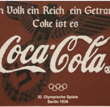 Plakat Coca-Coli z Olimpiady w Berlinie z 1936 roku "Ein Volk, Ein Reich, Ein Getrank" (jeden naród, jeden naród, jeden drink)