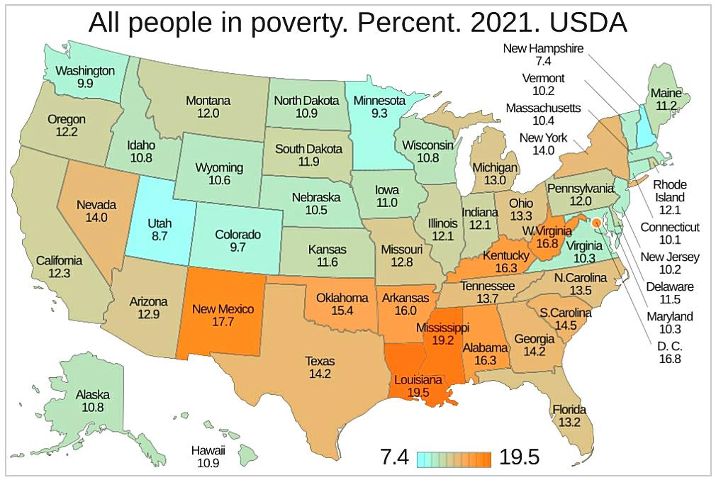Wskaźnik ubóstwa w USA z podziałem na stany, 2021