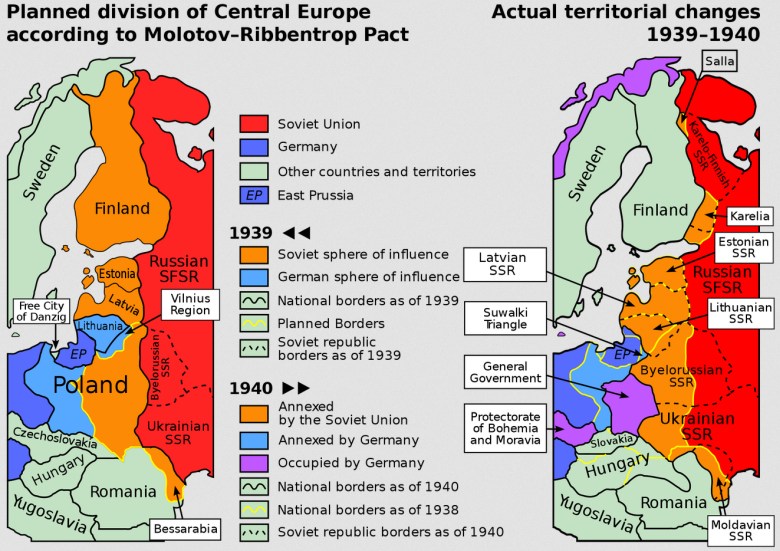 Podział Europy Środkowej w wyniku niemiecko-rosyjskiego paktu z 1939 roku, który rozpoczął II wojnę światową