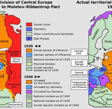 Podział Europy Środkowej w wyniku niemiecko-rosyjskiego paktu z 1939 roku, który rozpoczął II wojnę światową