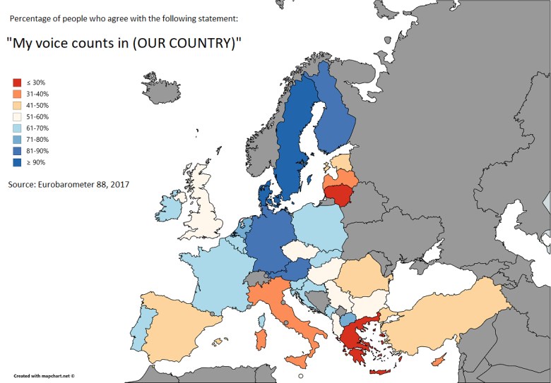 Mój głos się liczy (kraj) - procent mieszkańców, która się z tym zgadza, 2017, Europa