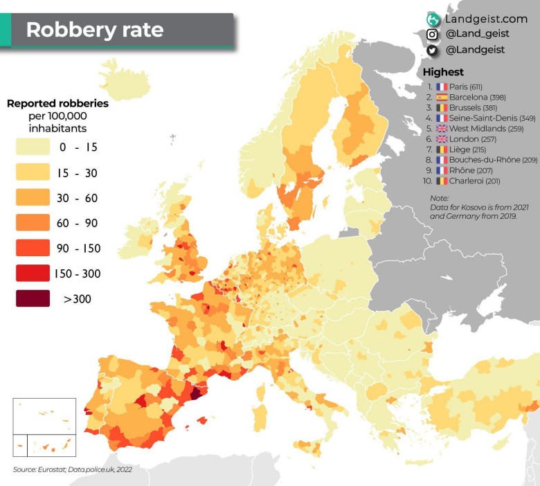 Wskaźnik napadów rabunkowych w poszczególnych krajach Europy na 100 tys. mieszkańców, Eurostat 2022