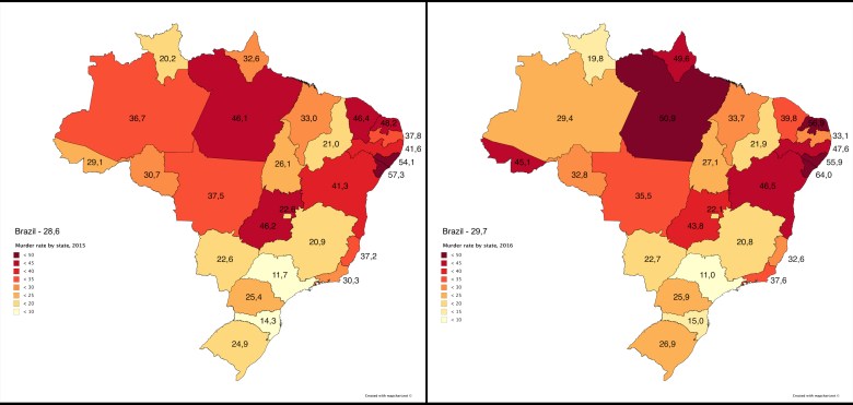Wskaźnik zabójstw według stanu w Brazylii w 2015 i 2016