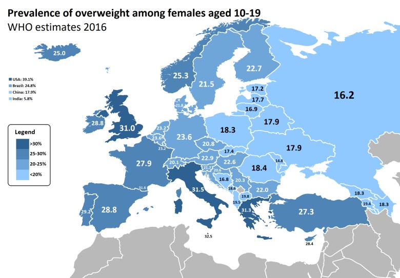 Występowanie nadwagi wśród kobiet w wieku 10-19 lat w Europie
