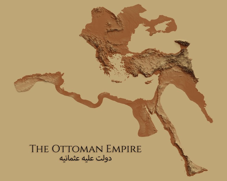 Mapa reliefowa Imperium Osmańskiego w okresie jego największego rozkwitu terytorialnego około 1683 r.,