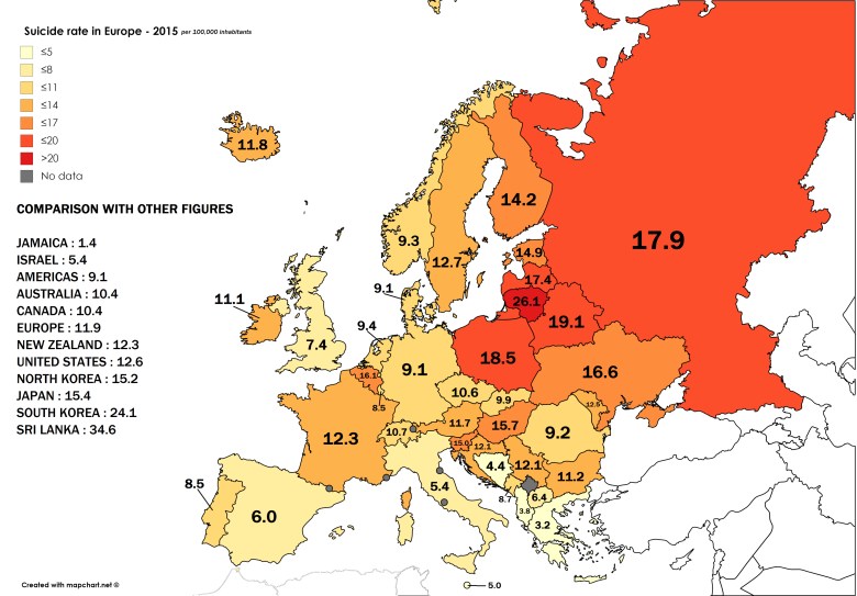Wskaźnik samobójstw w Europie - 2015