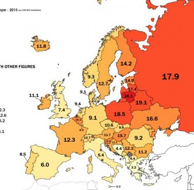 Wskaźnik samobójstw w Europie - 2015