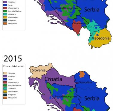 Etniczna mapa Jugosławii przed i po wojnie 1990 - 2015