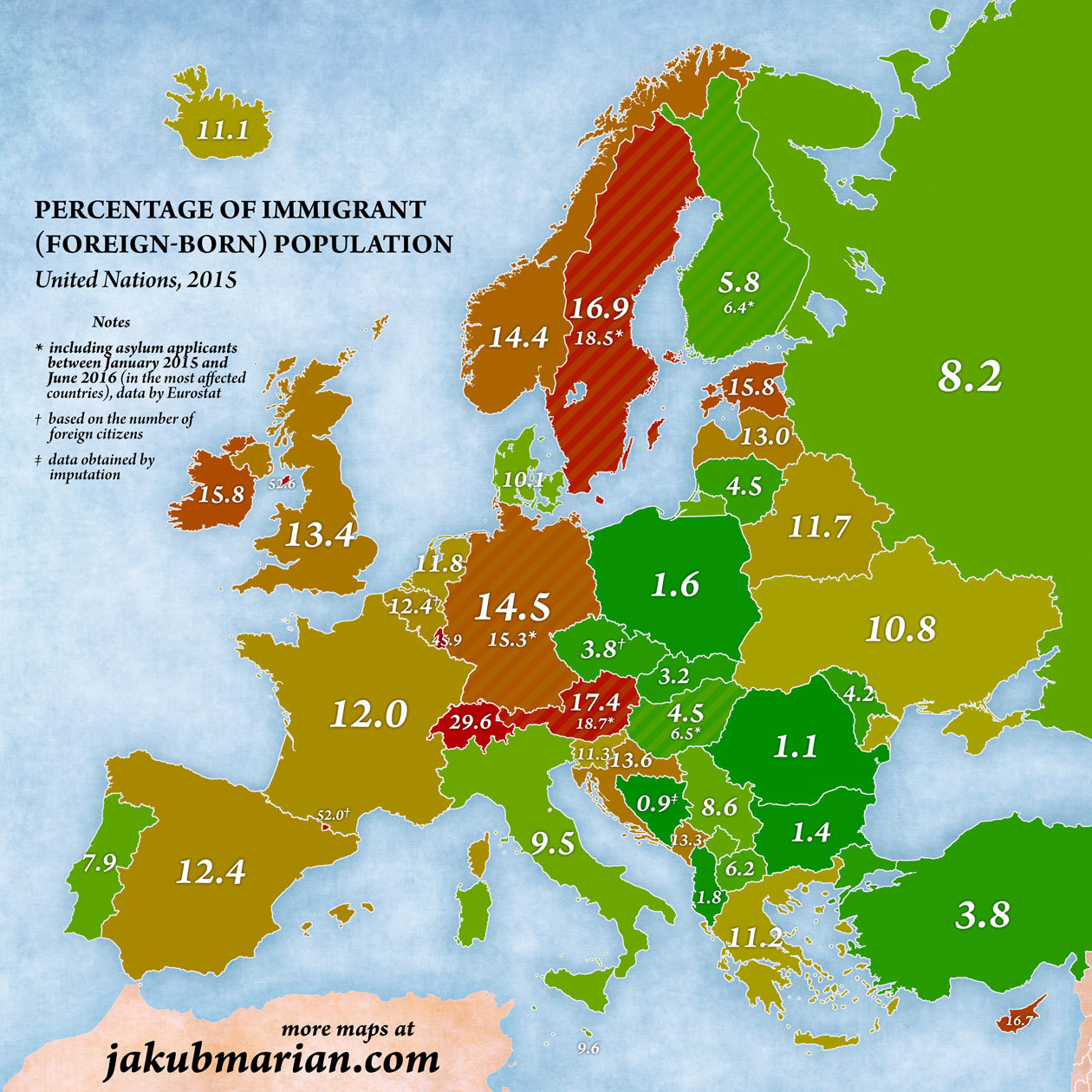 Procent imigrantów w krajach europejskich (urodzonych za granicą), 2015