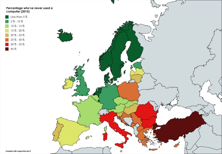 Odsetek Europejczyków, którzy nigdy nie korzystali z komputera, 2015