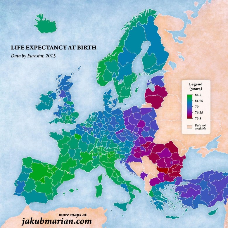 Oczekiwana długość życia po urodzeniu w zależności od regionu w Europie, 2015